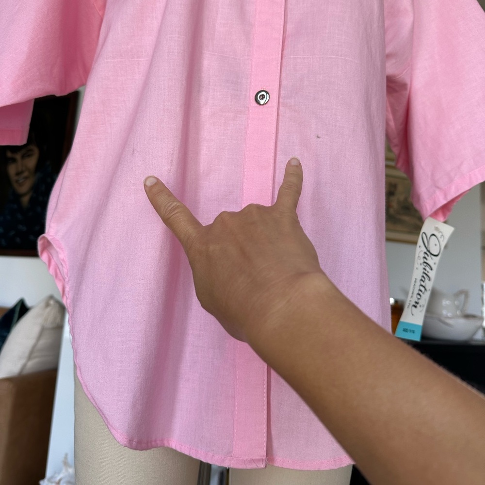NWT’s Vintage 80’s Bubblegum Pink Button-Up Shirt with Patches - Picture 14 of 16